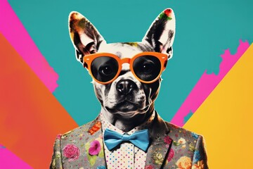 Poster - Collage Retro dreamy dog portrait glasses mammal.