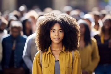 Stylish Dark-Skinned Woman with Curly Hair, Surrounded by People in Background