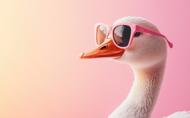 A funny goose wearing sunglasses, isolated on a pastel background.