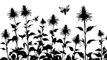 Wall Mural - Bee balm plants with spiky blooms in a cottage garden, vector illustration art