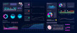 © SergeyBitos - Dark UI, charts, infographic, diagrams in dashboard template collection. UI, UX, KIT dashboard with circle infographic and data management menu. Futuristic Statistic, analytic. Vector graphic, charts