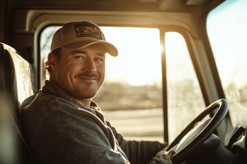 A smiling truck driver looking at the camera.