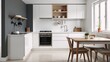 © Pixel Matrix - Modern interior Graywhite-walled kitchen with tile floors white cabinets and wooden table  chairs