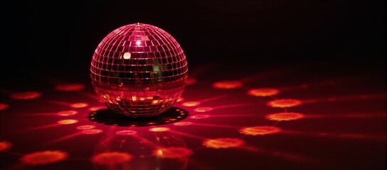 A shimmering red disco ball reflects light against an empty backdrop symbolizing a festive and lively atmosphere