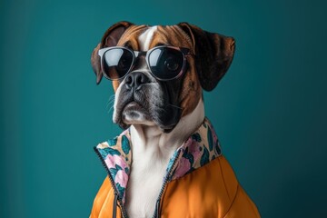 portrait of a boxer dog dressed in modern outfit with sunglasses on an isolated pastel background.