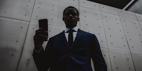 A man in a suit holding a cell phone. The man is wearing a tie and is standing in front of a wall