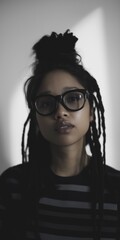 Sticker - A woman with dreadlocks and glasses is standing in front of a white background. She has a serious expression on her face