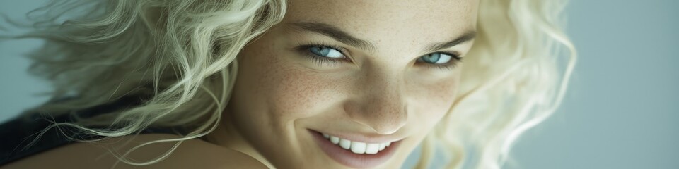 A blonde woman with blue eyes is smiling and looking at the camera. She has a light blue shirt on