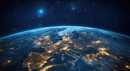 planet earth from space, glowing lights of cities in europe at night.