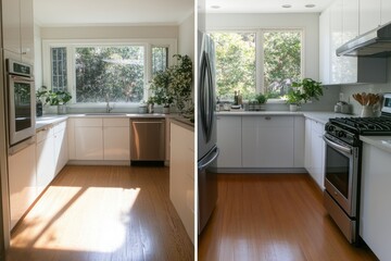 A bright modern kitchen featuring sunlight streaming onto the sleek wooden floor, with white cabinetry and lush green plants by a large window.