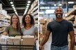 © Milos - Two women, who appear to be friends, are smiling and pushing a shopping cart filled with products down a well-lit aisle in a contemporary store setting, enjoying their time.