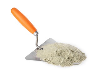 Poster - Trowel and cement powder isolated on white. Building material