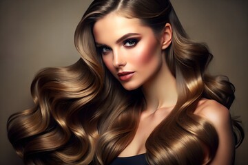 Wall Mural - A model with perfectly styled, glossy hair that looks incredibly healthy and luxurious. The lighting emphasizes the shine and smoothness. Hair care concept