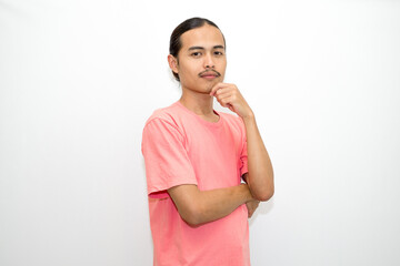 An Indonesian, Asian man wearing a pink tshirt formal style involving his partner with standing confidence like a mature person and a young businessman. isolated in white background