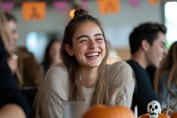 A young woman smiling brightly at a Halloween-themed table setting, surrounded by festive decorations, pumpkins, and a lively, joyful gathering of friends celebrating the season.