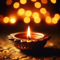 beautiful glowing diya on blur lights background