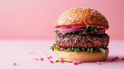 Poster - Delicious Burger with Red Onion and Sesame Seed Bun on Pink Background