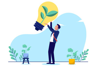 Aufkleber - Business green energy - Businessman person standing holding light bulb with growth environmental plant symbol smiling. Sustainable and clean corporate energy concept in flat design stock illustration