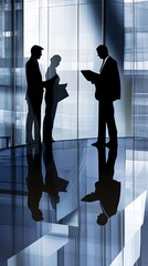 Wall Mural - Silhouettes of three businesspeople talking in a modern office building.