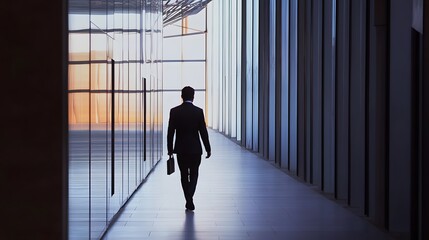 Sticker - A businessman walks down a long hallway in a modern office building.