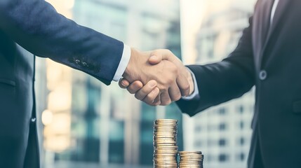 Two businessmen shake hands in front of a stack of coins.