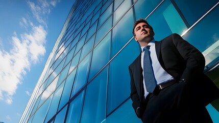 Canvas Print - Young businessman in suit, standing against a modern office building, looking upwards.