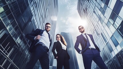 Three business professionals in suits stand in front of tall buildings.