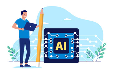 Aufkleber - AI writer - Man with laptop computer writing content with the help of artificial intelligence technology service while holding pencil and smiling. Flat design vector illustration with white background