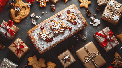 Holiday dessert display with gingerbread cookies, festive gifts, and seasonal decorations on a dark background. Generative AI