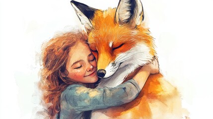 Canvas Print - a girl hugging a fox with her eyes closed