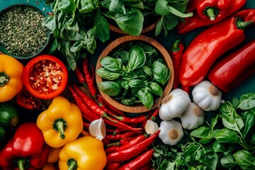 An overhead view of vibrant vegetables, including bell peppers, garlic, and fresh herbs, showcasing a colorful and healthy assortment for cooking.