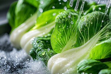 Fresh bok choy being washed under running water, showcasing its vibrant green leaves and crisp texture.