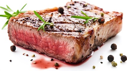 Juicy grilled steak with herbs and pepper on a white plate.