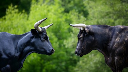 Two bulls face off in a lush green forest setting.