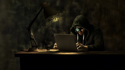 Poster - Mysterious figure in hoodie working on a laptop in a dark room.