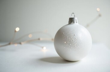 A beautiful white Christmas ornament is elegantly placed on a pristine white table, creating a serene and festive atmosphere