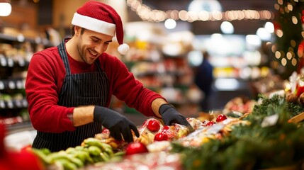 A festive market scene with a man in a Santa hat arranging fruits and decorations.