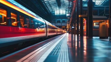 Poster - Modern Train at Station with Vibrant Lighting