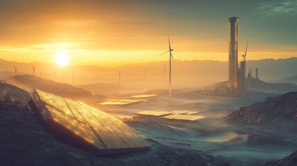 Wall Mural - A futuristic landscape featuring solar panels, wind turbines, and industrial structures at sunset.