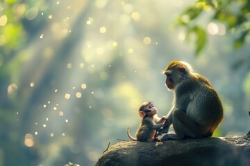 Sticker - A serene moment between a mother monkey and her baby in a sunlit forest.