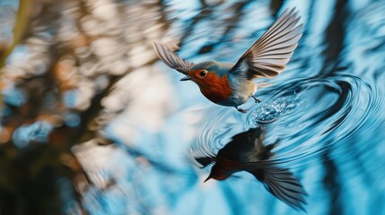 Poster - A bird in flight above water, reflecting its image on the surface.