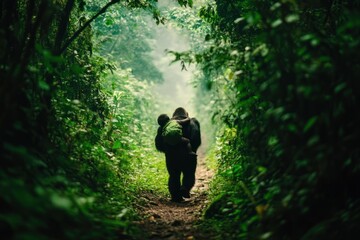 Sticker - A person carrying a child walks through a lush, green forest path.