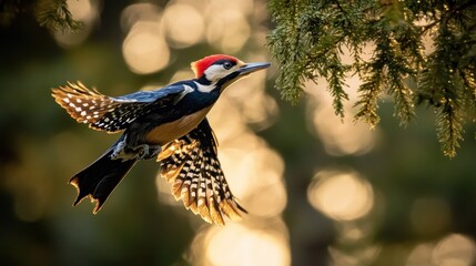 Wall Mural - A woodpecker in mid-flight, showcasing its colorful plumage against a blurred background.