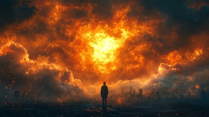 Canvas Print - A man stands in front of a huge fire in the sky