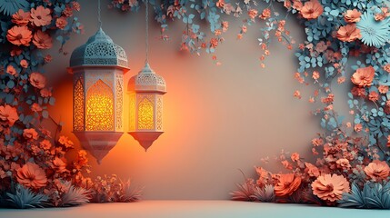 Wall Mural - beautiful paper cut style banner featuring an islamic lantern surrounded by ornate patterns set agai