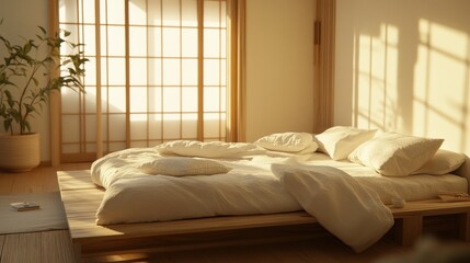 Poster - A serene bedroom with a minimalist design, featuring a platform bed and soft natural lighting.