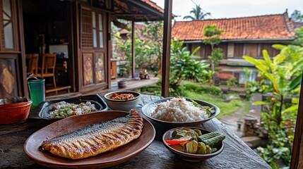 Wall Mural - A beautifully arranged meal featuring grilled fish, rice, and vegetables in a serene outdoor setting.