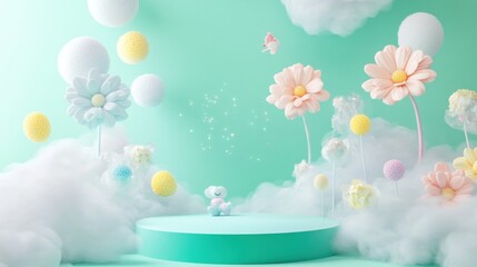 Sticker - A whimsical scene featuring pastel flowers, clouds, and a cute bear figurine on a stage.