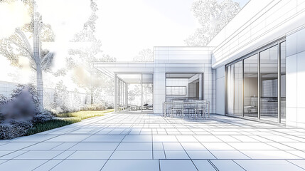 Wireframe rendering of a building in 3D. Done view hard landscaping, new luxury stone patio and garden of English home. Idea for an abstract construction graphic