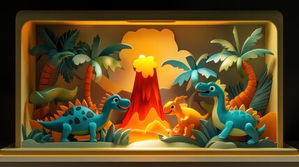 Poster - A colorful diorama featuring playful dinosaurs and a volcano amidst tropical plants.